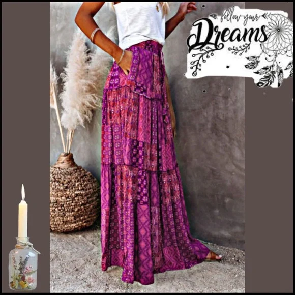BOHO VIOLET & PINK PAISLY PRINT MAXI SKIRT WITH POCKETS SMALL - Picture 11 of 13